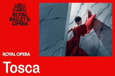 An image with a red coloured background with a photo on the right side of the image. This photo consists of a woman wearing a red dress and red and wh