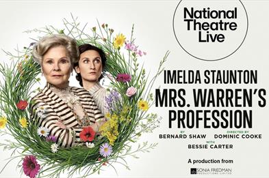 An image with a cream coloured background with a flower wreath to the left side of the image. Inside the wreath are two women one in front of the othe