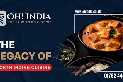 Graphic image of Oh India. Blue background with the name, showing a dish of curry