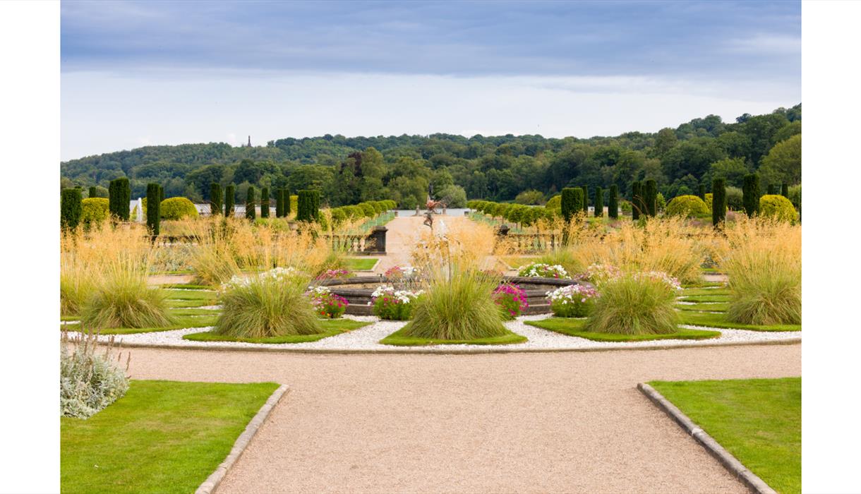 The Italian garden with lake beyond at the Trentham Estate, Stoke-on-Trent, Staffordshire.