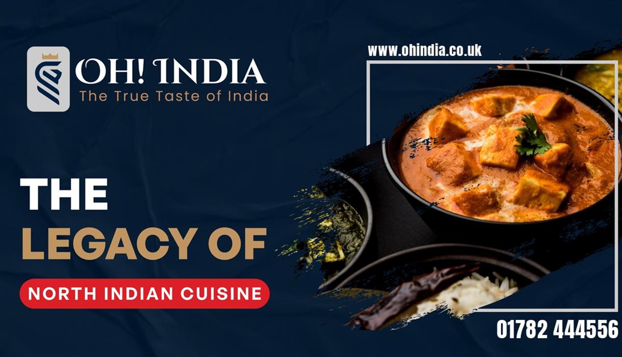 Graphic image of Oh India. Blue background with the name, showing a dish of curry