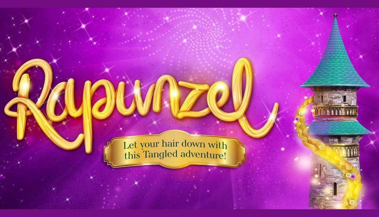 A purple sparkling background with a castle to right of the image that has a long braid of hair descending from the top of the castle to the bottom.