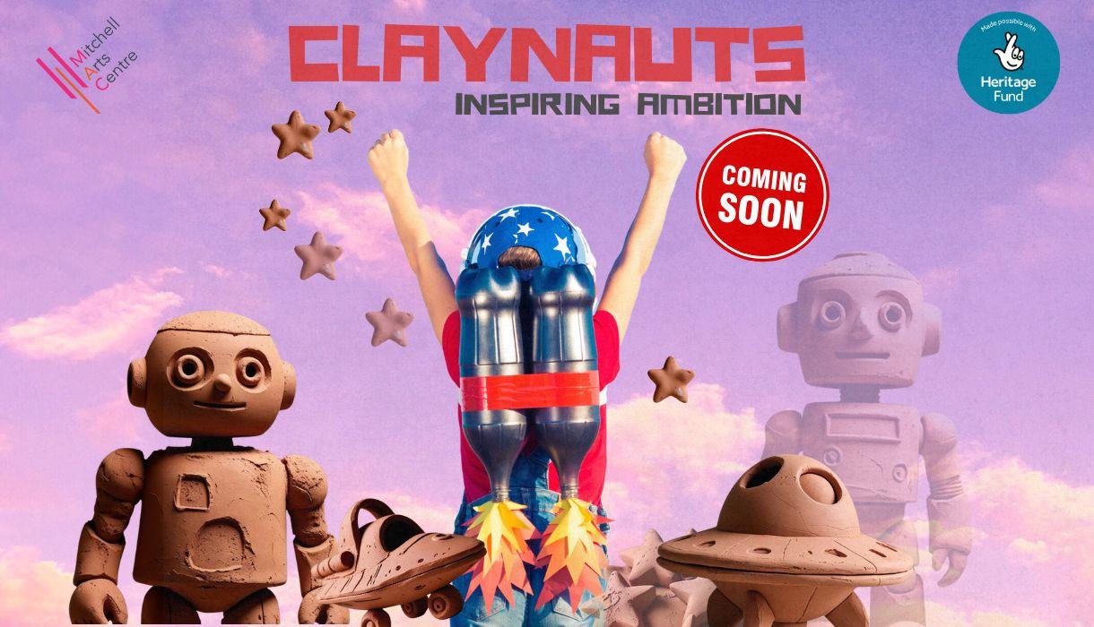 A rose-tinted sky as the background with objects made of clay such two robots, two spaceships and a person with a jetpack with flames emanating from i