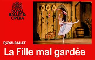 An image with a red coloured background with a photo on the right side of the image. The photo consists of a Ballerina wearing an old fashioned dress