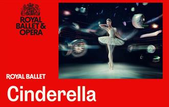 An image with a red background and a photo on the right side of the image which consists of a ballerina on a dark stage with floating clocks swirling