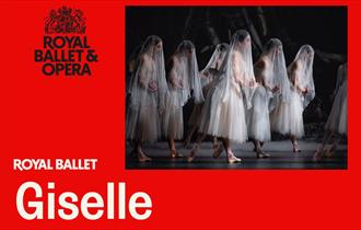 An image with a red background with a photo on the right side of the image. The photo consists of a group of women wearing identical outfits a white d