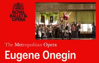 A red background with a photo in the top right of the image which consists of a group of actors throwing an actor up into the air.