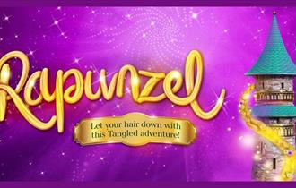 A purple sparkling background with a castle to right of the image that has a long braid of hair descending from the top of the castle to the bottom.