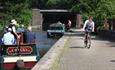 Cyclist and boaters on the Trent & Mersey Canal