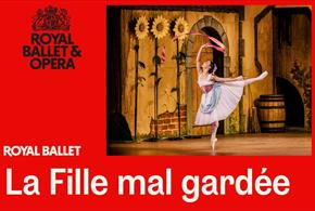 An image with a red coloured background with a photo on the right side of the image. The photo consists of a Ballerina wearing an old fashioned dress