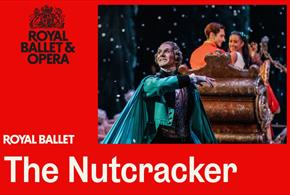 An image with a red background with a photo to the right side of the image. The photo consists of a woman facing towards her right which is the left s