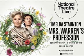 An image with a cream coloured background with a flower wreath to the left side of the image. Inside the wreath are two women one in front of the othe