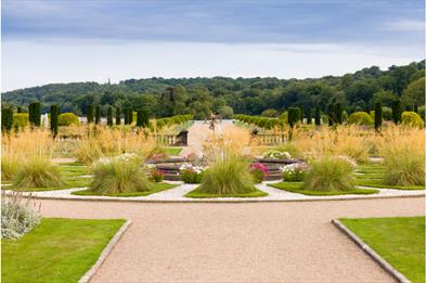 The Italian garden with lake beyond at the Trentham Estate, Stoke-on-Trent, Staffordshire.