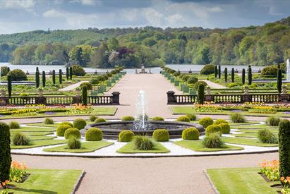 The Italian garden with lake beyond at the Trentham Estate, Stoke-on-Trent, Staffordshire.