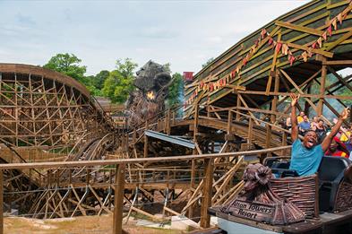Wicker Man wooden rollercoaster at Alton Towers resort, Staffordshire, England.