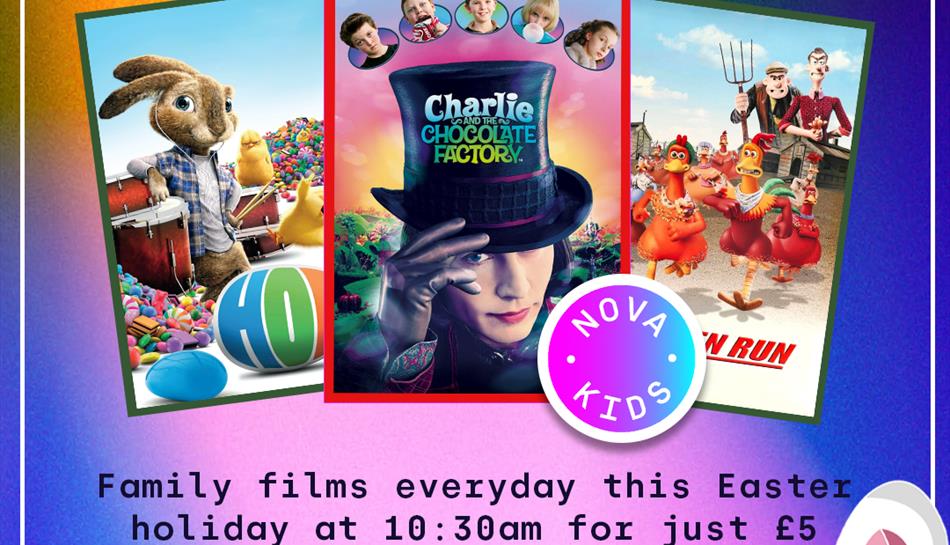 Colourful graphic featuring three films being shown across the school Easter Holiday.