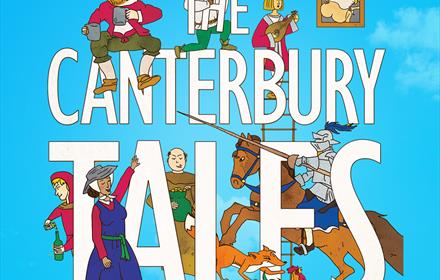 The Canterbury Tales artwork - bold title lettering on a vibrant blue sky, featuring joyful medieval cartoons