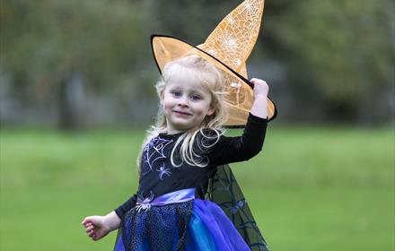 A young girl wearing a Halloween outfit.