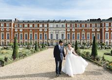 Bride and Groom in Hampton Palace Court grounds