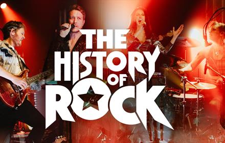 Pictures of rock band with white text for 'The History of Rock'