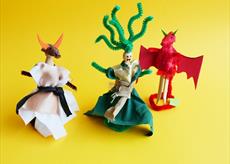 Three peg dolls dressed as a minotaur, medusa and a dragon