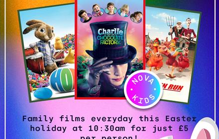 Colourful graphic featuring three films being shown across the school Easter Holiday.