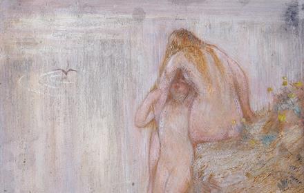 A painting of two woman sitting on the edge of a pool, they embrace