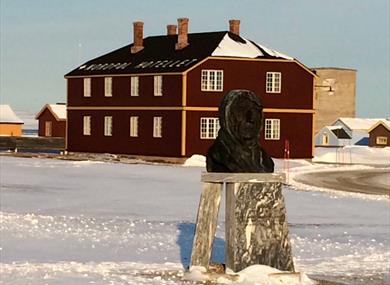 A metal bust of Roald Amundsen in the centre of Ny-Ålesund, with buildings and snowy streets in the background