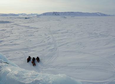 Snowmobiles parked on a vast ice-covered plain surrounded by mountains on the horizon.