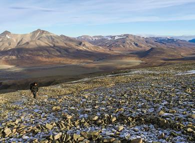 One person walking up a rocky mountain with many beautiful mountains in the background