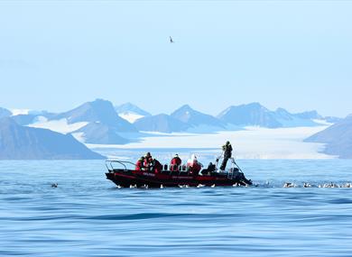 Persons fishing from a RIB boat on Isfjorden while surrounded by seagulls 