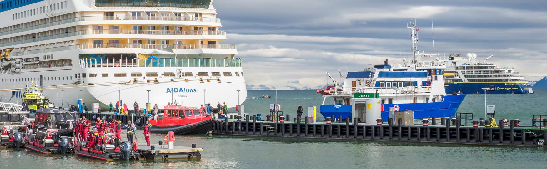 Flere båter i havnen, inkludert et stort cruiseskip, mindre ekspedisjonsskip og polarcirkelbåter