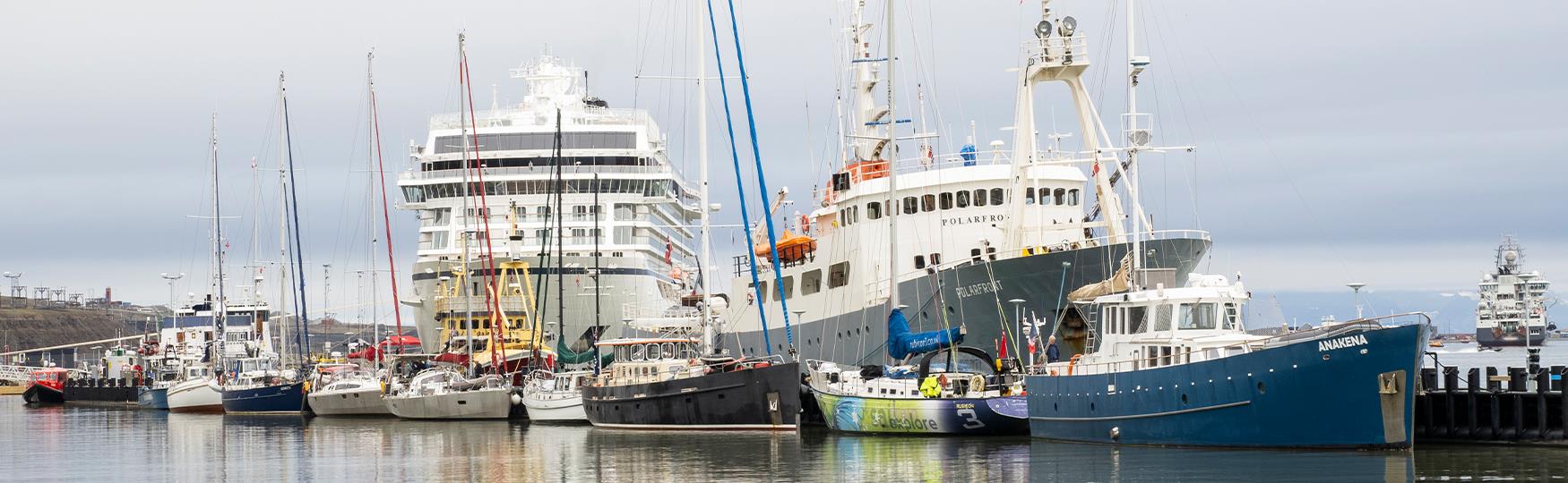 A floating pier with several small and medium-sized boats and ships, with a large cruise ship laying in port in the background