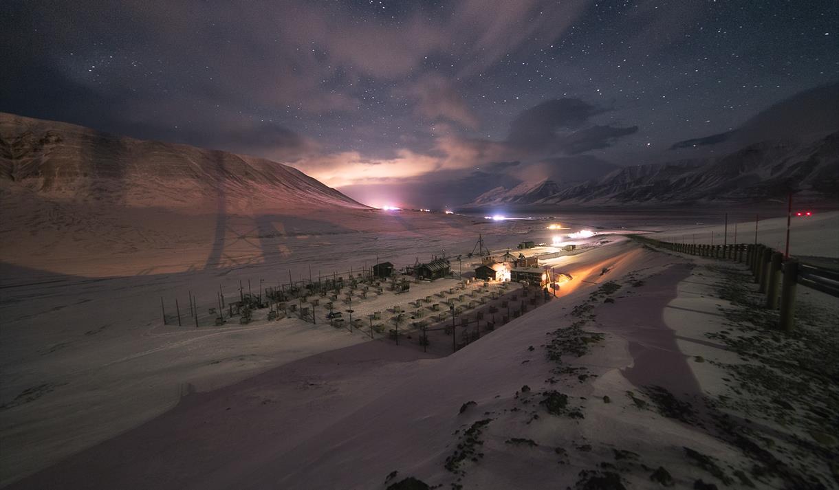 Commercial dogyard under a starry sky