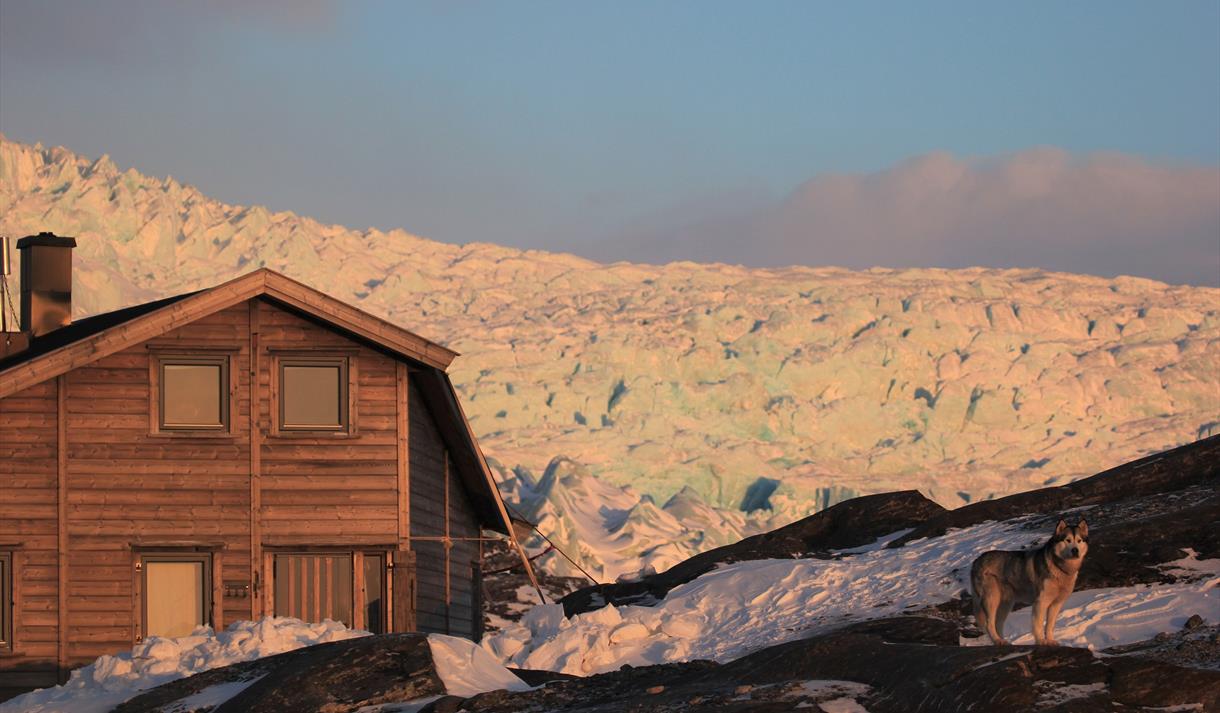 Nordenskiöld Lodge in the dusk lights with the Nordenskiöld Glacier in the background