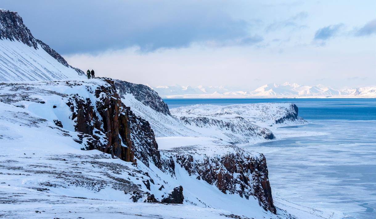 Snødekt arktisk kystlandskap med is og fjell.