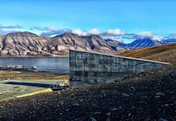 Picture taken from the backside of the seedvault on a sunny summerday. 
The seedvault and the Adventfjord is seen in the background.