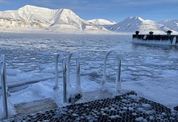 Stiger langs en kai i en fjord med drivis langs kaien. I bakgrunnen er snødekte fjell belyst av sola.