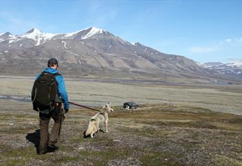 Person hiking with dog towards a cabin