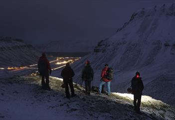 A group of guests with headlamps hiking in dark surroundings, with lights from Longyearbyen in the background