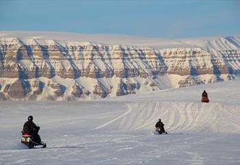 Guests driving snowmobiles