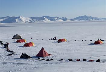 En teltleir med sledehunder, parkerte hundesleder og personer i et stort åpent snødekt landskap med fjell fjernt i bakgrunnen
A tent camp with sled do