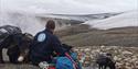 A guide sitting down to rest together with a pack of dogs during a hike, with a bare tundra landscape and a glacier in the background