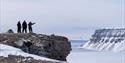 People standing on a cliff overlooking a snowy landscape and frozen fjord.