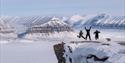 People standing on a snowy mountain edge in the Arctic.