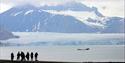 Personer som står på en høyde med fjell, en isbre og en fjord i bakgrunnen