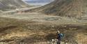 A person hiking with a dog