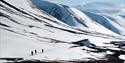 Mennesker som går i snøen med snødekte fjell i bakgrunnen