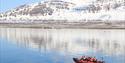 A tour group sailing across a fjord in a RIB boat