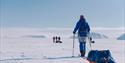 A skier pulling a sled in the foreground, with three skiers in the distance in the background